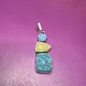 Blue Quartz and Druzy Titanium Druzy Pendant 2.5" set in 925 Sterling Silver